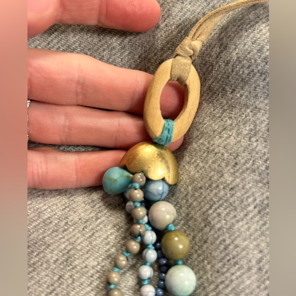 Pressed Turquoise 4 stranded Beaded Necklace with leather & wood Accents 24” - Picture 5 of 10